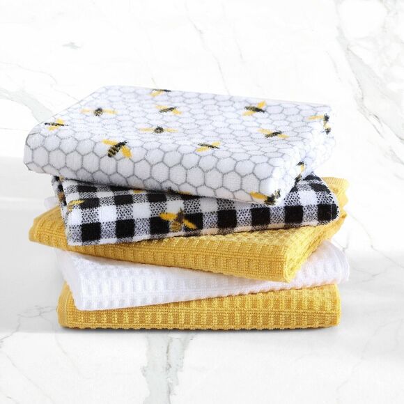 Honey Bee Kitchen Towels 5-Pc Honeycomb White Black Checks Yellow Honeybee Gift - Picture 2 of 8